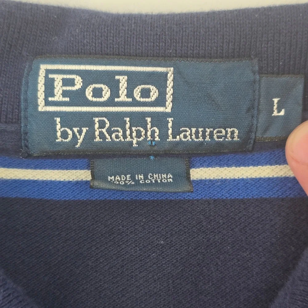 Polo Ralph Lauren Polo Shirt Mens L Navy Blue Striped Short Sleeve Cotton Pique